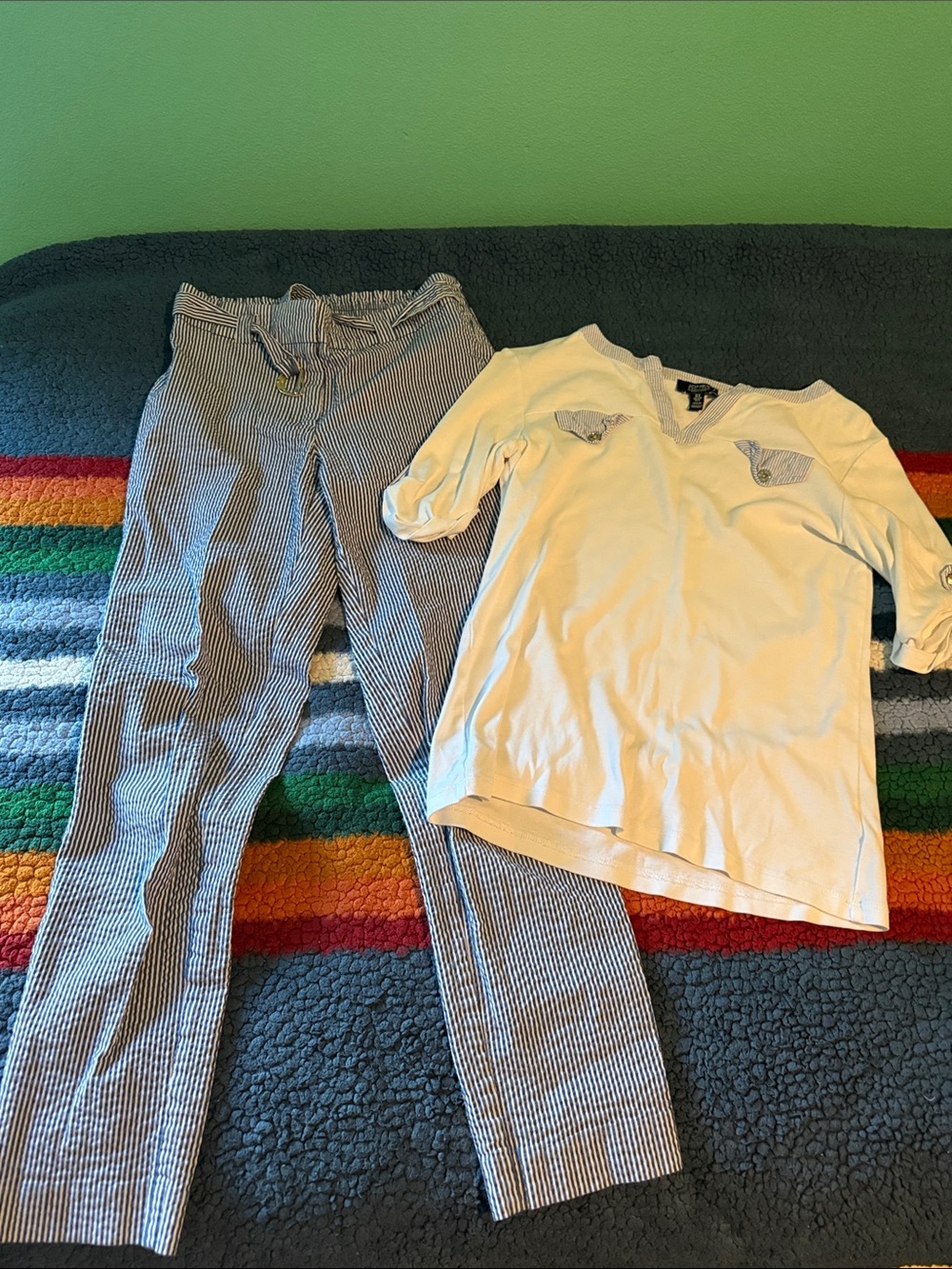 Anne Klein Blue-and-White Striped Pants with white Top